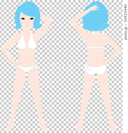 Front and back of a woman in a swimsuit posing with her hands on her hips 50455440