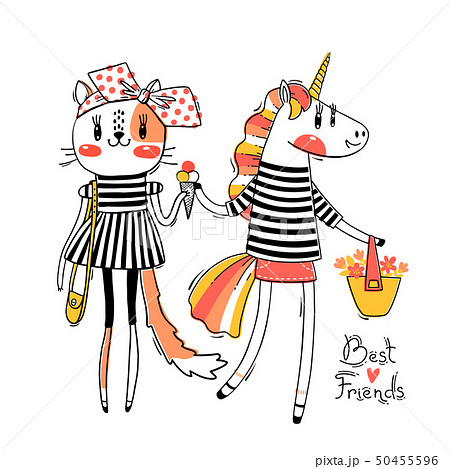 Cute card with best friends. Baby kitten and rainbow unicorn in fashionable clothes. Can be used for 50455596