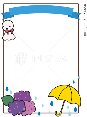 縦向きの梅雨のアジサイとカサとてるてる坊主とリボンのフレームのイラスト素材