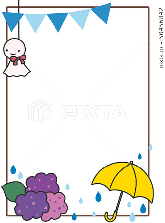縦向きの梅雨のアジサイとカサとてるてる坊主とガーランドのフレームのイラスト素材