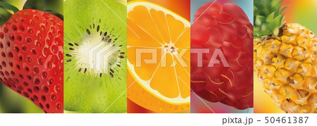 3d realistic fruit, pineapple, raspberry, kiwi, strawberry, orange. Vector graphics. A set of fruit. 50461387