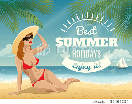 Poster of a young woman sunbathing on a tropical beach. 50462234