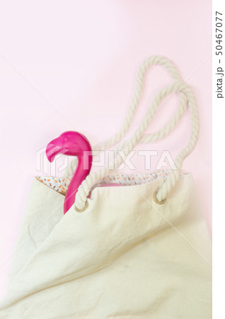 Tropical summer background with flamingo decor. View from above. Flat lay 50467077
