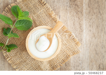 top view of natural greek yogurt in cup on old 50468237