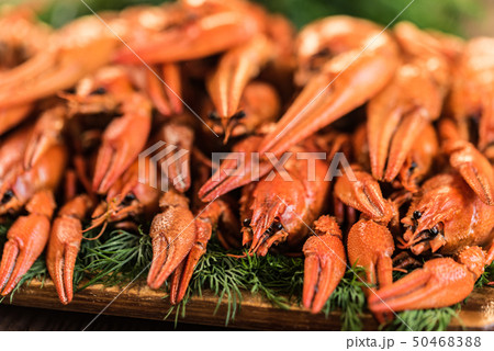 Pile of boiled crayfish on rustic wooden background 50468388