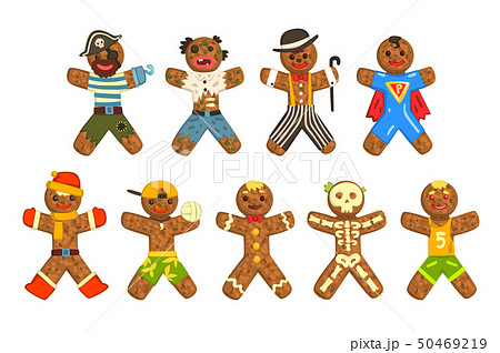 Gingerbread men wearing different costumes set, funny Christmas characters ector Illustration on a 50469219