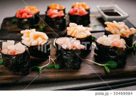 Seafood delicatessen gunkan maki sushi rolls 50469984