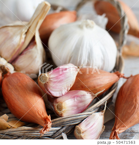 Organic garlic and onion on wooden table Organic garlic and onion on wooden table 50471563