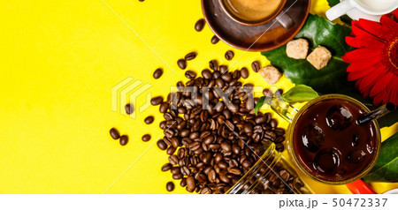 Various coffee on yellow background, flat lay, top view 50472337