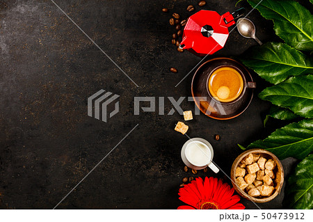Coffee composition on dark rustic background, flat lay, top view Coffee composition on dark rustic background, flat lay, top view 50473912