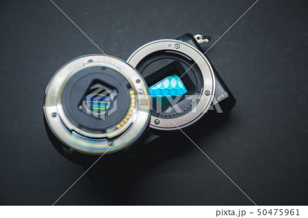 Close-up of mirrorless digital APS-C camera with deattached lens. Close-up of mirrorless digital APS-C camera with deattached lens. 50475961
