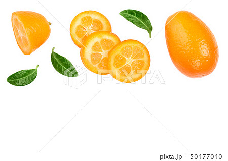 Cumquat or kumquat with slices isolated on white background with copy space for your text. Top view 50477040