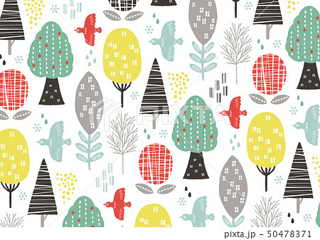 木と鳥の北欧柄カラフルのイラスト素材 50478371 Pixta