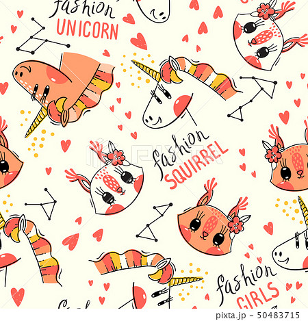 Seamless pattern with faces of squirrel and rainbow unicorn. Fashion kawaii animal. Vector Seamless pattern with faces of squirrel and rainbow unicorn. Fashion kawaii animal. Vector 50483715