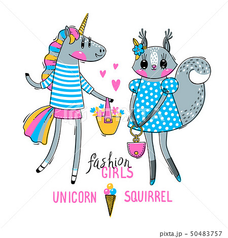 Cute card with best friends. Baby squirrel and rainbow unicorn in fashionable clothes. Can be used 50483757