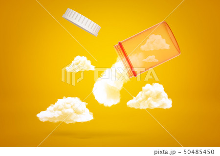 3d rendering of transparent orange medicine jar tilted down in air with white fluffy clouds emerging 50485450