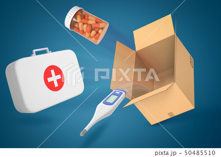 3d rendering of doctor's case, electrical thermometer, jar full of pills and empty cardboard box on 3d rendering of doctor's case, electrical thermometer, jar full of pills and empty cardboard box on 50485510