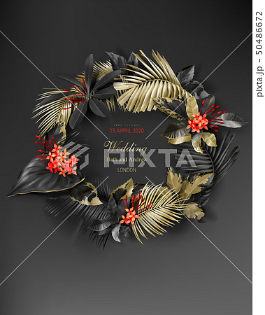 Tropical black and gold leaves wreath 50486672