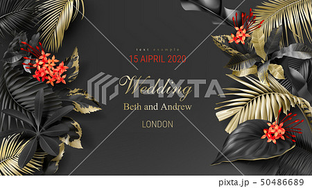 Tropical black and gold leaves on dark background 50486689