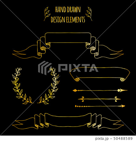 Set of gold handdrawn vintage elements. Ribbons, arrows, laurel wreath, page deviders. Vector 50488589