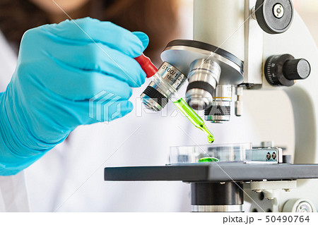Scientist dropping liquid to petri dish.. Scientist dropping liquid to petri dish.. 50490764