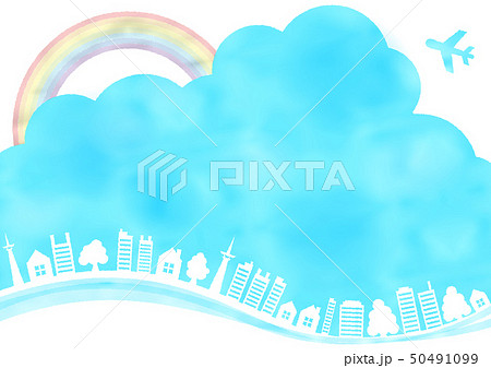 青空虹と飛行機と木と家の水彩風フレーム枠のイラスト素材