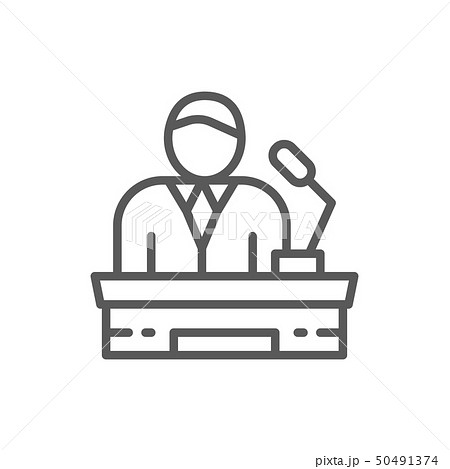Speaker on tribune, project presentation, president, leader line icon. Speaker on tribune, project presentation, president, leader line icon. 50491374