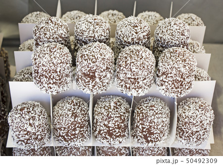 Chocolate candy with coconut in a street market 50492309