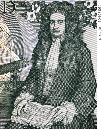 Isaac Newton a portrait from old English money  50493864