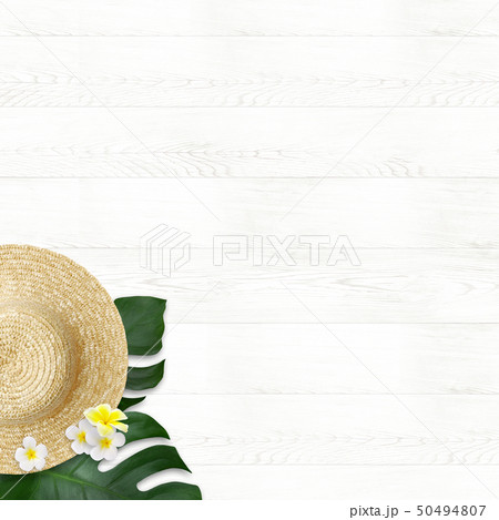 背景 海 夏 ビーチ ウッドデッキ モンステラ プルメリア 麦わら帽子のイラスト素材