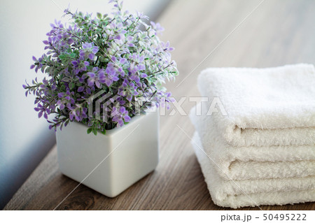 Spa. White Cotton Towels Use In Spa Bathroom. Towel Concept. Photo For Hotels and Massage Parlors Spa. White Cotton Towels Use In Spa Bathroom. Towel Concept. Photo For Hotels and Massage Parlors 50495222