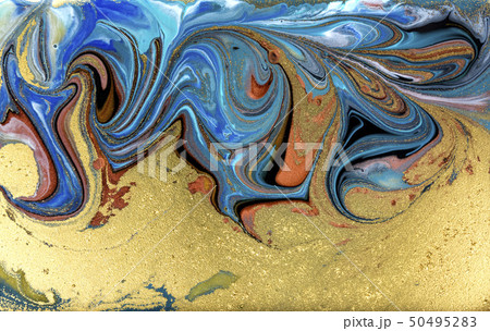 Blue marbling pattern. Golden marble liquid texture. Blue marbling pattern. Golden marble liquid texture. 50495283