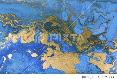 Blue marbling pattern. Golden marble liquid texture. Blue marbling pattern. Golden marble liquid texture. 50495333