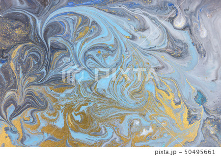 Blue marbling pattern. Golden marble liquid texture. 50495661