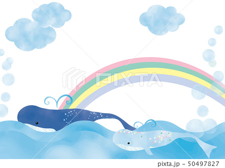 水彩風 くじら風景5親子 大きな虹と海 白背景 のイラスト素材