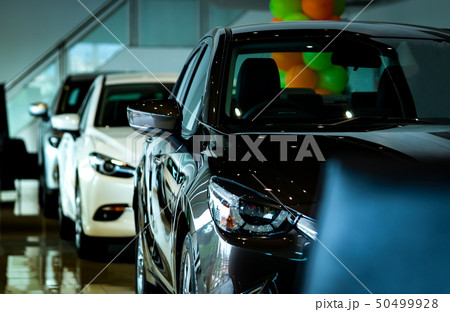 New luxury car parked in modern showroom. Dealer 50499928