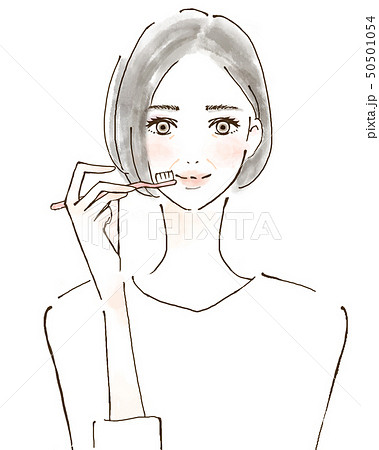 歯ブラシを持つ女性 笑顔 人物 手描きイラスト シニアのイラスト素材