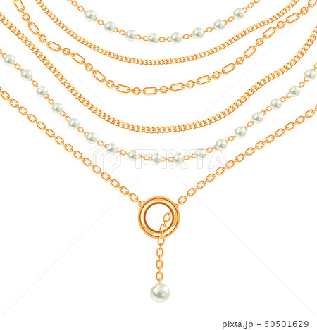 Background with pears and chains golden metallic necklace. On white 50501629