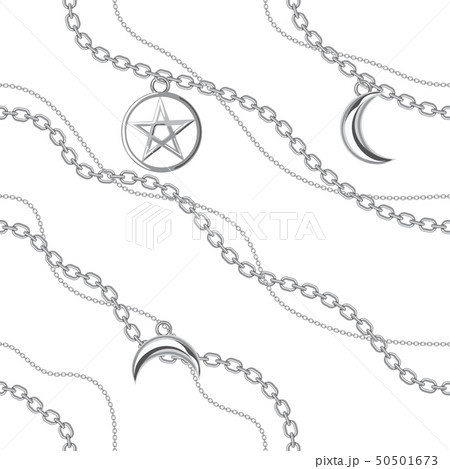 Seamless pattern background with pentagram and moon pendants on silver metallic chain. On white 50501673