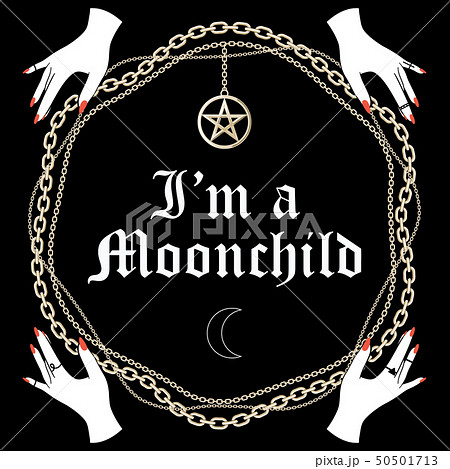 Card or t-shirt design concept. Chain frame whit pentagram pendant , hands and text. Vector Card or t-shirt design concept. Chain frame whit pentagram pendant , hands and text. Vector 50501713