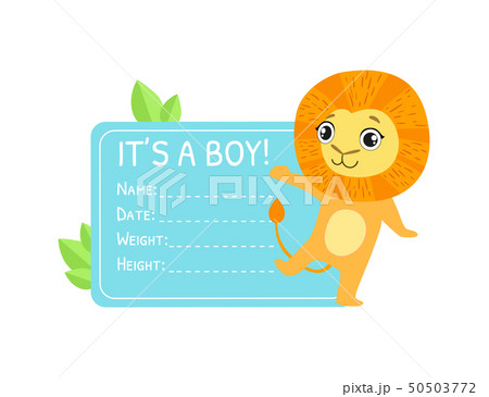 Baby Boy Shower Invitation Template, Pink Card with Cute Lion and Place For Your Text Vector 50503772