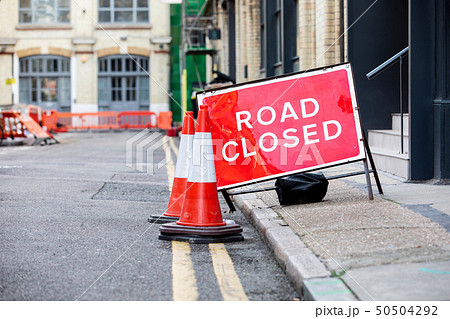 Red Road Closed road sign in a UK city street 50504292