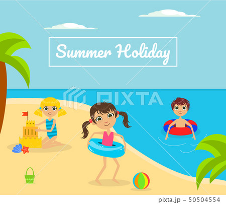 Summer Holliday Banner Template with Cute Kids Playing on Tropical Beach Vector Illustration Summer Holliday Banner Template with Cute Kids Playing on Tropical Beach Vector Illustration 50504554
