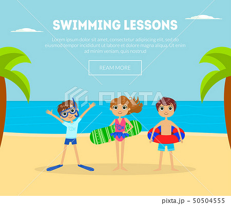 Swimming Lessons Banner Template with Cute Kids on Tropical Beach Background, Design Element Can Be Swimming Lessons Banner Template with Cute Kids on Tropical Beach Background, Design Element Can Be 50504555