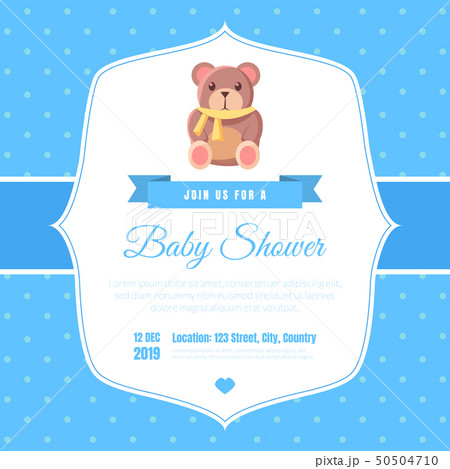 Baby Shower Invitation Template on Blue Polka Dot Background, Card with Cute Toy Teddy Bear and 50504710