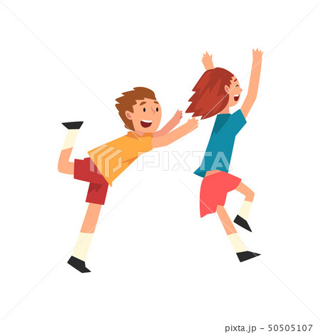 Smiling Boy And Girl Playing Together, Happy Children Having Fun at Birthday Party, Vector 50505107