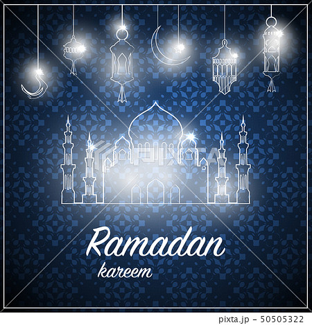 Ramadan greeting card on blue background. Vector illustration. Ramadan Kareem means Ramadan is 50505322
