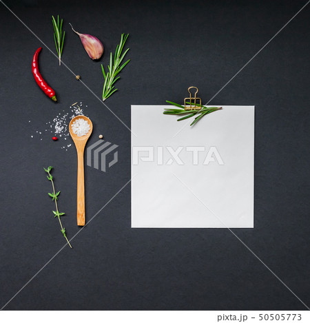 Blank notepad pages with greens herbs and spices 50505773
