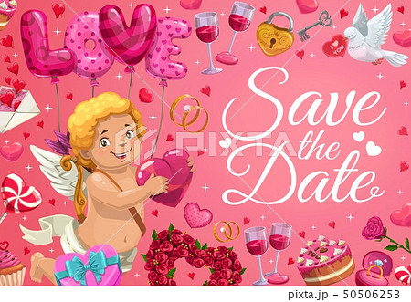 Save the Date, cupid angel with heart balloons 50506253