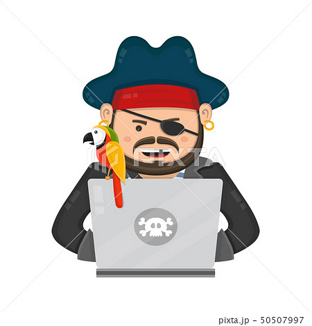 Internet pirate with a laptop computer and parrot 50507997